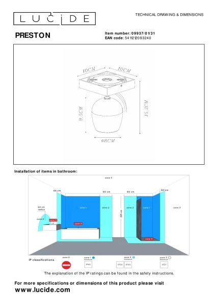 Lucide PRESTON - Ceiling spotlight Bathroom - 1xGU10 - IP44 - White - technical